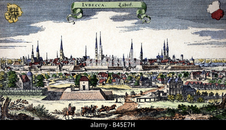 Géographie / voyage, Allemagne, Lübeck, vues sur la ville / paysages urbains, gravure couleur par Matthäus Merian Topographia Germaniae de '', 1642 - 1655, l'artiste n'a pas d'auteur pour être effacé Banque D'Images