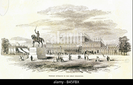 Exposition, exposition mondiale Londres 1.5. - 18.10.1851, première exposition mondiale, palais de cristal, construit 1850/1851 après le plan de Joseph Paxton à Hyde Park, vue extérieure, gravure du 'The Art-Journal, Catalogue Illustré des industries de toutes les nations', 1851, Banque D'Images