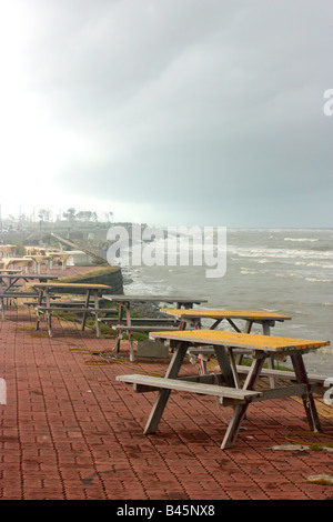 Tables de pique-nique sur une plage déserte de manger près de Tainan, Taiwan Banque D'Images