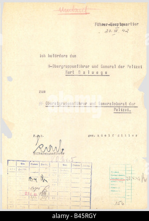 Daluege, Kurt, 15.9.1897 - 23.10.1946, politicien allemand (NSDAP), Chef de police Allemande En Uniforme 1936 - 1943, documents, promotion à SS-Oberstgrupenführer & général de police, 20.4.1942, SS Oberstgrupenführer, Schutzstaoss, 20ème siècle, Third Reich, , Banque D'Images