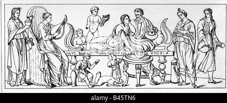 Ancien monde, Empire romain, peuple, repas de famille, dessin après sarcophage, vers le 2ème siècle, manger, Romains, historique, ancien monde, Banque D'Images