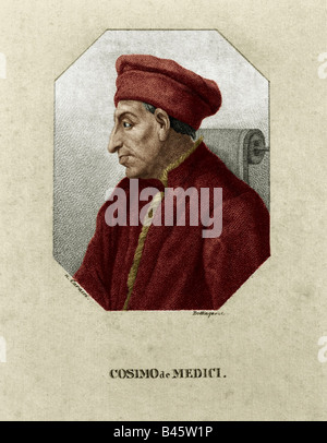 Cosimo de Medici, ' 'l'ancien', 27.9.1389 - 1.8.1464, banquier italien, portrait, side view, gravure par Friedrich Bollinger (1777 - 1825), plus tard, de couleur n'a pas d'auteur de l'artiste pour être effacé Banque D'Images