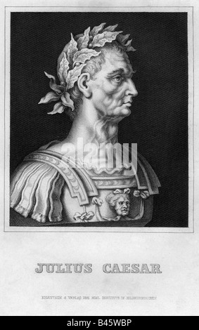 César, Gajus Julius, 13.7.100 - 15.3.44 BC, homme politique romain, dictateur 49 et depuis 47 avant J.-C., portrait, gravure, Suhl, 19e siècle, l'Empire romain, Rome, 1er siècle avant J.-C., consul 59 avant JC, buste, profiler, côté face, une cuirasse, couronne de laurier, de l'artiste , Copyright n'a pas à être effacée Banque D'Images