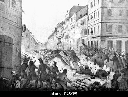 Événements, révolutions 1848 - 1849, Allemagne, Prusse, Révolution de mars, Berlin, barricade à Taubenstrasse, 18.3.1848, gravure de bois, XIXe siècle, gens, révolutionnaires, lutte de rue, historique, historique, Banque D'Images