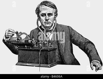 Edison, Thomas Alva, 11.2.1847 - 8.10.1931, inventeur américain, demi-longueur, avec son phonographe, gravure de bois après peinture de A.A. Anderson, vers 1880, Banque D'Images