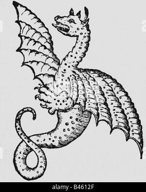 Superstition, créatures mythiques, dragons, boisés, 'Historia animalium' par Conrad Gesner, 3ème volume, 'Avium natura', 1555, , Banque D'Images