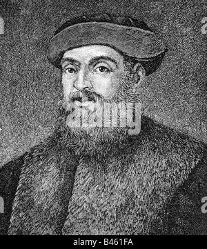 Magalhaes (Magellan) Fernando de, vers 1480 - 27.4.1521, navigateur portugais, portrait, gravure en bois, XIXe siècle, , Banque D'Images