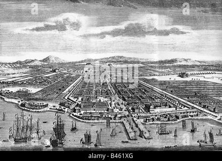 Géographie / voyages, Indonésie, Java, Jakarta, vue sur la ville, gravure en cuivre de Jan van Ryne, 1754, Banque D'Images