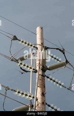 Commutateur de ligne haute tension sur la ligne de distribution d'électricité en milieu rural à l'aide de poteaux de bois et des isolants en verre Banque D'Images