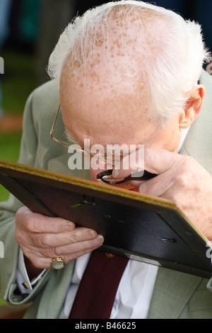 La BBC TV Antiquités Roadshow expert examine de près une vieille photographie avec son oculaire loupe prises Automne 2008 Banque D'Images