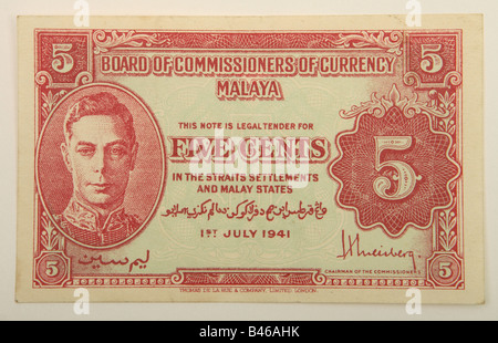 Malaya 5 cents billets 5c publié en 1941 avec la guerre du roi George IV WW2 service Banque D'Images