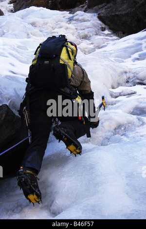 Grimpeur sur glace ordre croissant un pitch dans le langtang Himalaya, Népal Banque D'Images