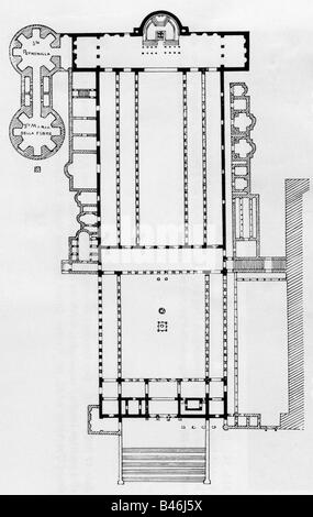 Architecture, plans d'étage, ancienne basilique Saint-Pierre, Rome, construite vers 324 - 326 AD par l'empereur Flavius Valerius Aurelius Constantinus, dessin, , Banque D'Images