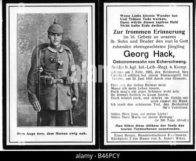 Événements, première Guerre mondiale / première Guerre mondiale, Allemagne, carte commémorative de Georg Hack (1895 - 1916), Allemagne, 1916, Banque D'Images