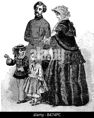 Mode, XIXe siècle, mode pour femmes et hommes, France, vêtements civiques parisiens, gravure en bois après dessin de A. Daudenarde, 1852, Banque D'Images