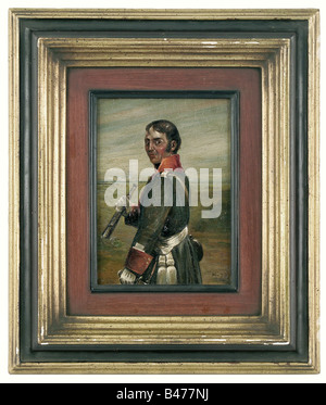 Karl Leopold Heinrich Ludwig von Borstell (1773 - 1844)., portrait du dessus des genoux du général prussien, 1822. Huile sur bois. En uniforme de campagne avec jumelles. Sur le bord inférieur droit monogrammed et daté 'MVSR 22'. 19 x 14 cm. Au dos du nom de "général von Borstell", un sceau de cire noble, ainsi que quelques informations sur le général, la provenance et un rachat en 1922. Ajout ultérieur, cadre partiellement doré. En 1815, peu de temps avant la bataille de la Waterloo/Belle Alliance, le général Plus tard, Le Major Borstell, fut ordonné par le roi Friedrich Wilhelm III et F, Banque D'Images