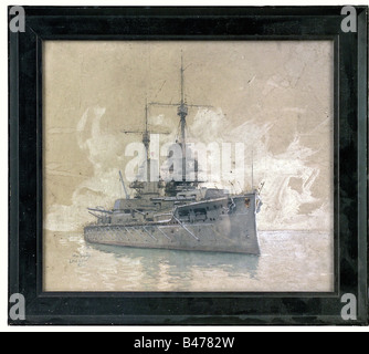 Hans Bohrdt (1857 - 1945), 'S.M.S. Kaiser - Kiel'. Gouache sur carton. Signée et intitulée en bas à gauche 'Hans Bohrdt - S.M.S. Kaiser - Kiel'. L'inscription du navire de guerre habile en mer. En vitrage et châssis en bois laqué noir. Au verso cachet de 'Keltz & Meiners Hoflieferanten Berlin' (Keltz & Meiners Fournisseurs Cour Berlin). 48 x 54 cm. Lancé en 1911, le SMS Kaiser a été l'un des 10 navires qui ont été sabordé par l'arrêté du Contre-amiral von Reutner à Scapa Flow en 1919. Beaux-arts, les gens, 1910, 20e siècle, la marine, des forces navales, m, n'a pas d'auteur de l'artiste pour être effacé Banque D'Images