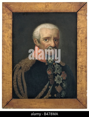 Gebhard Leberecht von Blücher, comte de Wahlstatt, portrait, premier quart de l'huile du XIXe siècle sur le bois. Le maréchal de champ portant un uniforme orné de toutes ses décorations militaires et face à l'observateur. Dans un cadre beau et contemporain. Taille de la photo 44 x 60 cm, encadré 57 x 72 cm. Un portrait affectueux de l'un des plus célèbres marécages de campagne de l'histoire militaire allemande. Le style de peinture naïf illustre avec vivivivivacie la forte admiration de cet homme, qui lui a déjà été montré dans sa vie. Les gens, XIXe siècle, prussien, Prusse, Germa, Banque D'Images