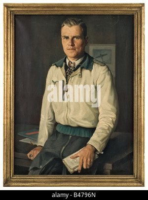 Leo Poeten (1889 - 1949) - un portrait Du Major Joachim Müncheberg, titulaire de la Croix du Chevalier avec des épées., huile sur toile et civière, signé en bas à droite, peint pendant le voyage de Poeten sur la côte de la Manche en 1942. Müncheberg, assis sur une table portant une veste de force aérienne blanche, sa croix de Chevalier avec Des Feuilles et des mots de chêne et tenant des cartes de vol dans sa main droite. 105,5 x 78,5 cm, dans un cadre doré 117,5 cm x 91 cm. Joachim Müncheberg (1918 - 1943) a reçu la Croix du Chevalier le 14.9.1940 et le Chêne Quitte le 7.5.1941. Le 9.9.1942 il était le 19, Banque D'Images