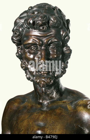 Hercules, l'allemand, 19e siècle. Un grand, de couleur brun-noir figure en bois avec dos aplati expressivement, visage sculpté et les muscles, une guirlande de fleurs autour de la tête et la longe et un long club dans la main droite. Hauteur 168 cm. Beaux-arts, les gens, 19e siècle, les beaux-arts, l'art, statuette, figurine, figurines, statuettes, sculptures, sculptures, objet, objets, alambics, clipping, coupures, cut out, cut-out, cut-outs, homme, hommes, homme, l'artiste n'a pas d'auteur pour être effacé Banque D'Images