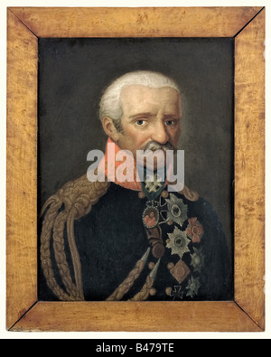 Gebhard Leberecht von Blücher, comte de Wahlstatt, portrait, premier quart de l'huile du XIXe siècle sur le bois. Le maréchal de champ portant un uniforme orné de toutes ses décorations militaires et face à l'observateur. Dans un cadre beau et contemporain. Taille de la photo 44 x 60 cm, encadré 57 x 72 cm. Un portrait affectueux de l'un des plus célèbres marécages de campagne de l'histoire militaire allemande. Le style de peinture naïf illustre avec vivivivivacie la forte admiration de cet homme, qui lui a déjà été montré dans sa vie. Les gens, XIXe siècle, prussien, Prusse, Germa, Banque D'Images