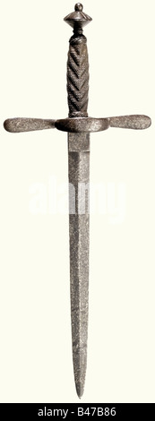 Un dagger italien de gauche, vers 1600. Lame à double tranchant avec arêtes des deux côtés (légèrement raccourcie au point), avec une marque estampillée dans le ricasso sur le côté arrière. Les quillons de fer avec une protection annulaire. Double pommeau conique ciselé avec emballage en fil de fer d'origine et embouts tressés. Longueur 43 cm. Historique, historique, XVIIe siècle, dagger, poignards, throuting, propulseurs, bâton, arme, armes, armes, armes, armes, dispositif de combat, objet, objets, photos, découpe, découpe, découpe, découpe, découpe, découpe, découpe, découpe, découpe, Banque D'Images