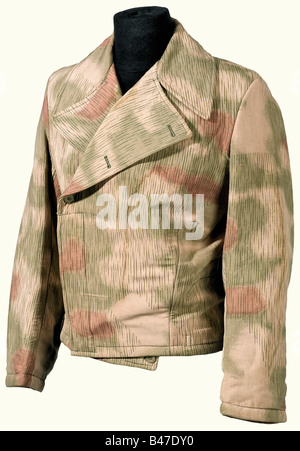 Une veste de camouflage, dans le style uniforme spécial pour les troupes de chars. Version camouflage marais, avec intérieur blanc, mais non réversible. Rembourré. Boutons en carton pressés. Taille, N° RB et tampon LBA. L'aigle a été détaché. Historique, historique, années 1930, XXe siècle, Force aérienne, branche de service, branches de service, service armé, services armés, militaire, militaria, forces aériennes, objet, objets, alambics, coupures, coupures, coupures, coupures, uniformes, tenues, textiles, vêtements, Banque D'Images