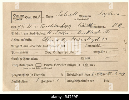 Sophie Scholl - carte indiquant le groupe de sujets d'étude pour l'inscription à l'Université de Munich pour le semestre d'été 1942., papier Carton, 10,5 x 15 cm. Rempli d'écriture manuscrite à l'encre noire, sujet combiné Sciences naturelles - Biologie et études culturelles - Philosophie. Les adhésions aux partis sont marquées comme non-exisitantes, selon ses propres informations, elle était dans le service du travail du 6 avril 1941 au 28 mars 1942. En outre, deux cartes de vœux de l'Organisation des Victimes du fascisme, Munich, non daté, toutes deux signées par le premier, Banque D'Images