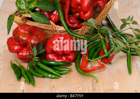 Sélection de produits biologiques fraîchement cueillies et le piment doux dans le panier rustique table de cuisine pays UK Banque D'Images