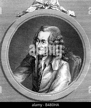 Voltaire (François Arouet), 21.11.1694 - 30.5.1778, le philosophe français, portrait, gravure sur cuivre, par Dominique Vivant Denon, (1747 - 1825), auteur de l'artiste n'a pas à être effacée Banque D'Images