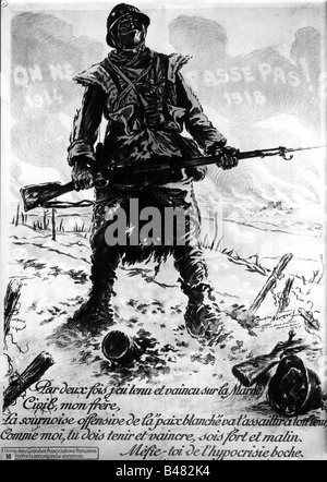 Événements, première Guerre mondiale / première Guerre mondiale, propagande, soldat français défendant la Marne 1914 - 1918, affiche, basée sur un dessin de Maurice NeUnion, Verdun, France, 10.4.1917, Poilu, militaire, arme, fusil, masque à gaz, uniforme, tenue de bataille, fermeté, front occidental, XXe siècle, historique, historique, peuple, 1910, Banque D'Images