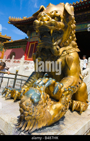 Chine Beijing Forbidden City Imperial Lion Lions gardien la porte de la pureté céleste Banque D'Images