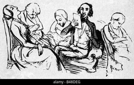 Andersen, Hans Christian, 2.4.1805 - 4.8.1875, auteur/écrivain danois, lecture de contes de fées, caricature, dessin par P.C. Kloestrup, 1847,