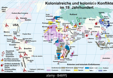 Cartographie, cartes historiques, temps moderne, empires coloniaux et conflits coloniaux au XIXe siècle, historique, historique, colonialisme, Angleterre, Grande-Bretagne, France, Pays-Bas, Espagne, Portugal, Belgique, Russie, Italie, Allemagne, Japon, Europe, Amérique, Afrique, Asie, Australie, Compagnie de la Baie d'Hudson, Mexique, États-Unis, Cuba, Caraïbes, Pérou, Amérique du Sud, Brésil, Argentine, Paraguay, frontière, conflit Afrique De L'Ouest, Fadoscha, Egypte, Afrique Du Sud, Congo, Inde, Indonésie, Chine, Philippines, Carte Du Monde, Ceam, Banque D'Images