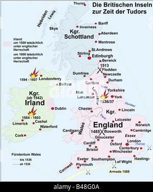 Cartographie, cartes historiques, temps moderne, îles britanniques au moment de Tudors 1485 - 1603, Banque D'Images