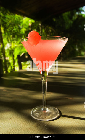 Cocktail sans alcool boisson dans un verre à cocktail décoré d'un melon dans un environnement tropical Banque D'Images