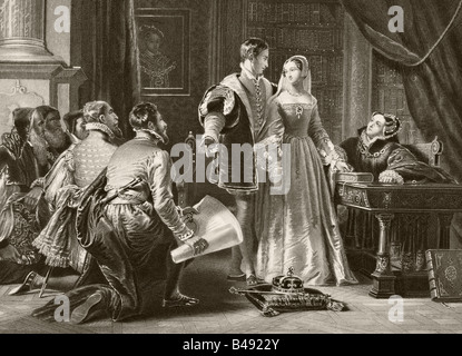 La réticence de Lady Jane Gray à accepter la couronne, Sion House, 8 juillet 1553. Lady Jane Gray, alias Lady Jane Dudley, 1537-1554. Banque D'Images