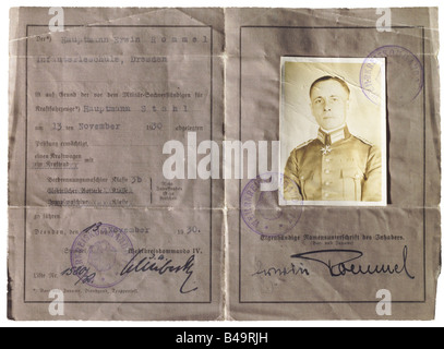 Rommel, Erwin, 15.11.1891 - 14.10.1944, général allemand, son permis de conduire militaire, Dresde 13.11.1930, Banque D'Images