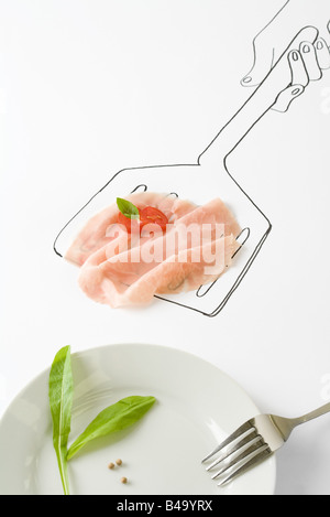 Prosciutto et tomate sur dessin de spatule Banque D'Images