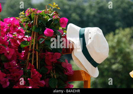 Man's Straw Hat sur jardin clôture avec des fleurs colorées Banque D'Images