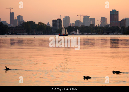 Soirée rose moelleux lumière paisible paysage urbain d'horizon de Rotterdam sur l'eau du lac Kralingse trois canards magic color Pays-Bas Banque D'Images