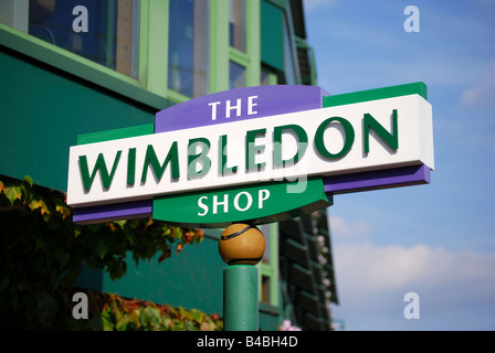 Le panneau Wimbledon Shop, Wimbledon Championships, Wimbledon Lawn tennis Club, Wimbledon, Borough of Merton, Greater London, Angleterre, Royaume-Uni Banque D'Images