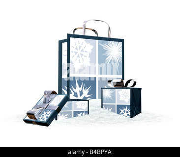 3D render of Christmas shopping bags in snow Banque D'Images