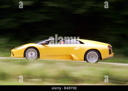 Voiture, Lamborghini Murcielago Roadster, l'année de modèle 2004-, jaune, convertible, open top, conduite, side view, country road, photogr Banque D'Images