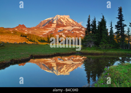 Coucher du soleil Photo du Mt Rainier reflétée dans un tarn Banque D'Images