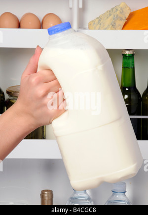 La MISE EN BOUTEILLE DE LAIT EN PLASTIQUE D'un réfrigérateur Banque D'Images