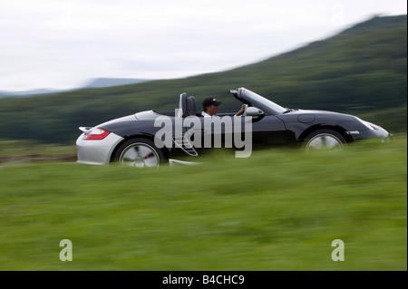 Speedart Porsche Boxster, année modèle 2005, noir/argent, open top, conduite, side view, country road, Tuning Banque D'Images