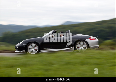 Speedart Porsche Boxster, année modèle 2005, noir/argent, open top, conduite, side view, country road, Tuning Banque D'Images