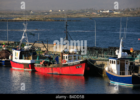 Bateaux de pêche dans le port de Roundstone dans la lumière du soir, le Connemara, Irlande Banque D'Images