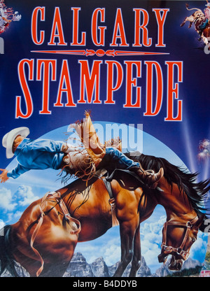 Calagary Stampede rodeo affiche montrant l'action et de tronçonnage bronco cowboy sur cheval, événement annuel canadien populaires Banque D'Images